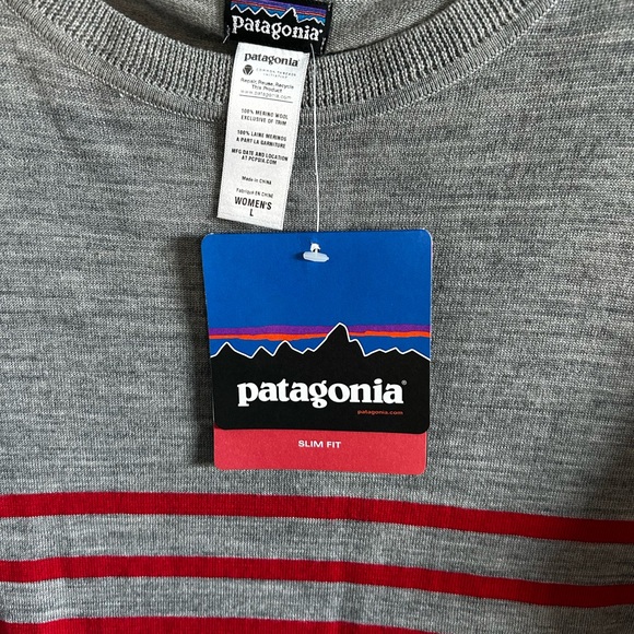 Patagonia Women’s Long Sleeve Gray and Red Striped Tee - Picture 2 of 5